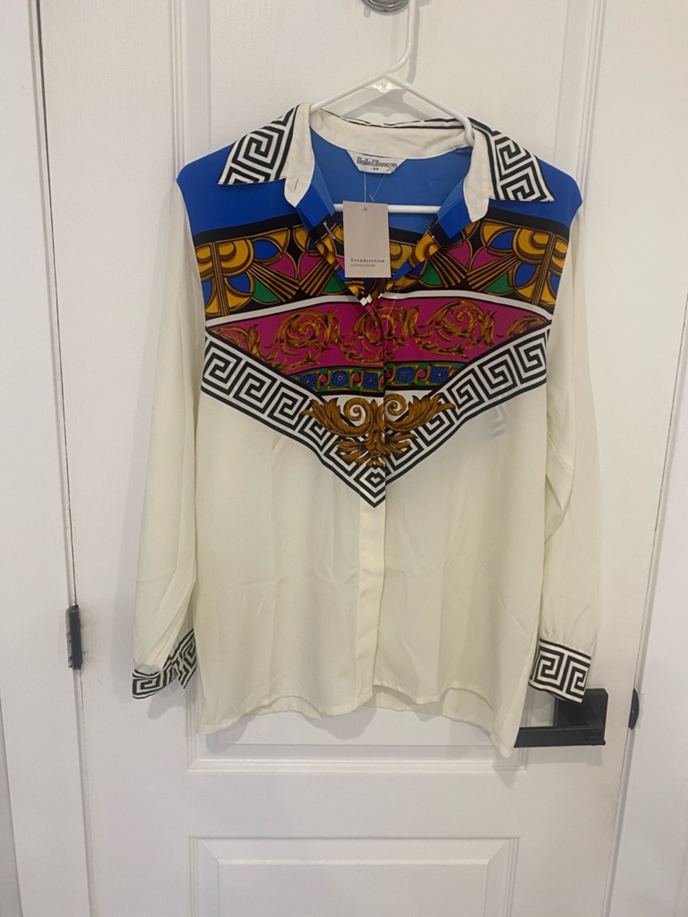 Silk-Feel Cream Printed Button-Up Blouse with Blue Accent Versace vibes